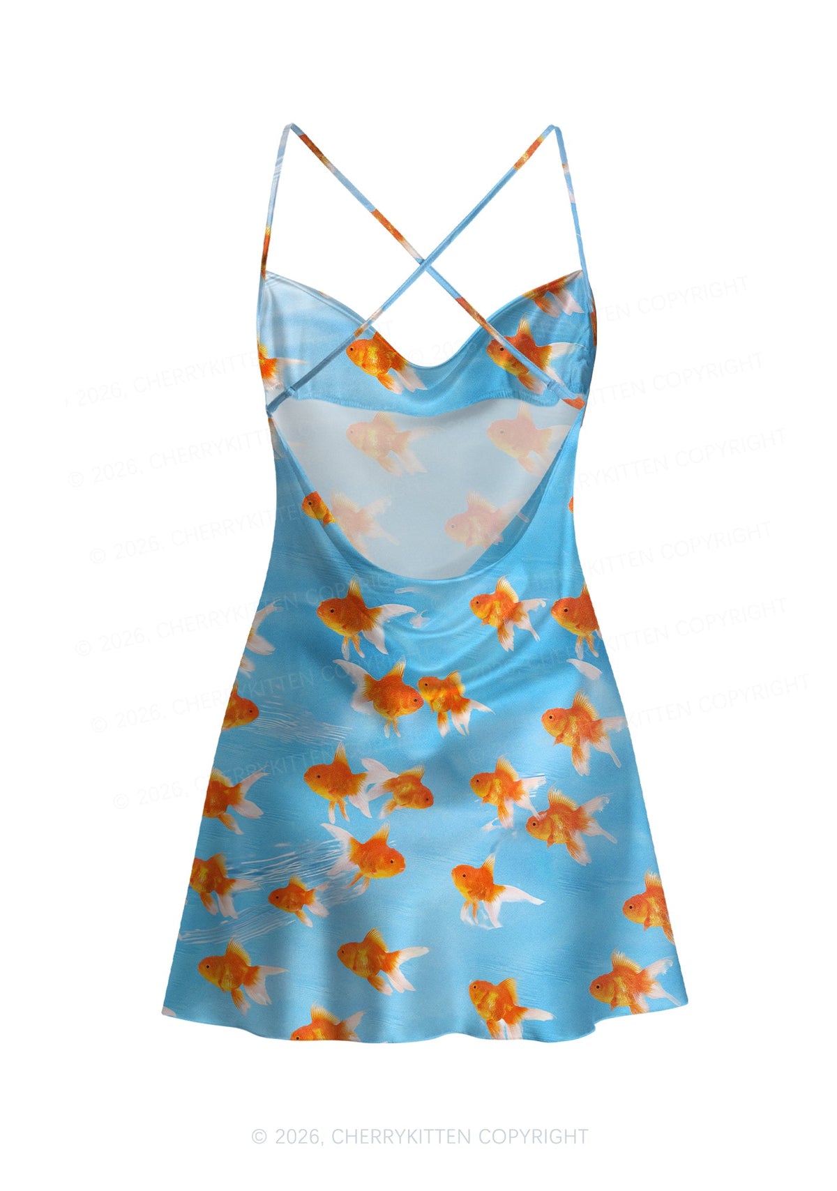 Goldfish Y2K Print Satin Cowl Neck Slip Dress Cherrykitten