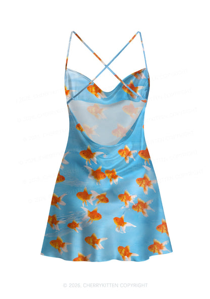 Goldfish Y2K Print Satin Cowl Neck Slip Dress Cherrykitten