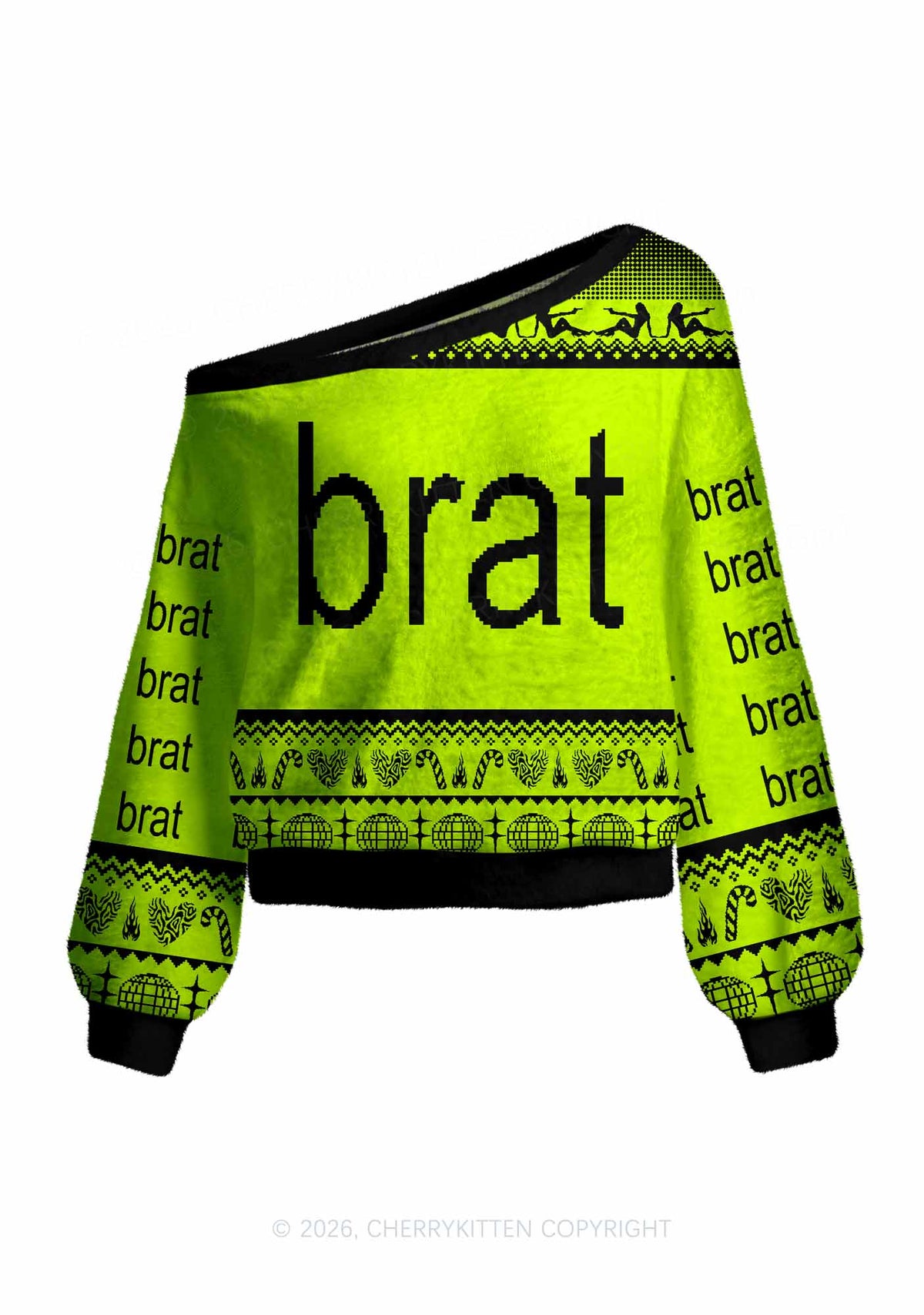Green Brat Y2K Off Shoulder Knit Sweatshirt Cherrykitten