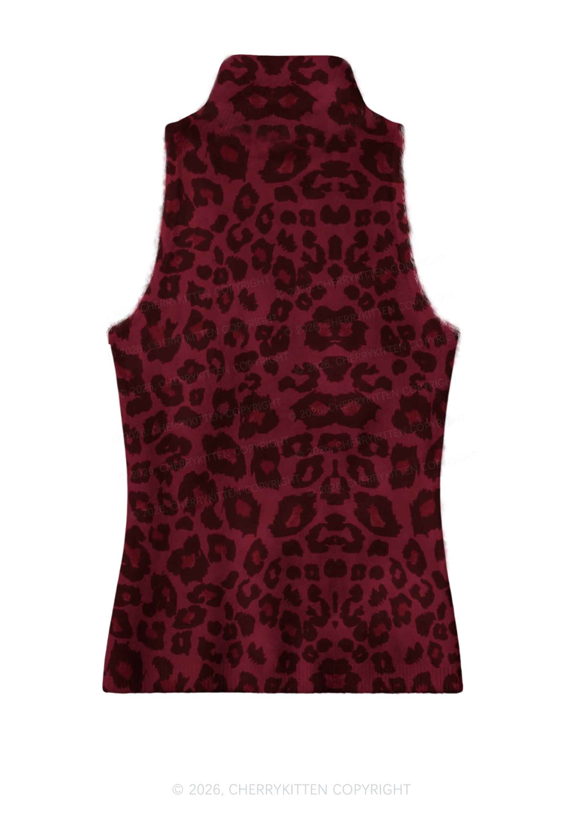 Wine Red Leopard Y2K Knit Turtleneck Tank Top Cherrykitten