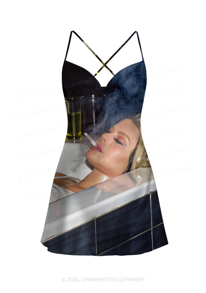 Smoking Woman Y2K Print Satin Cowl Neck Slip Dress Cherrykitten