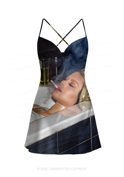 Smoking Woman Y2K Print Satin Cowl Neck Slip Dress Cherrykitten