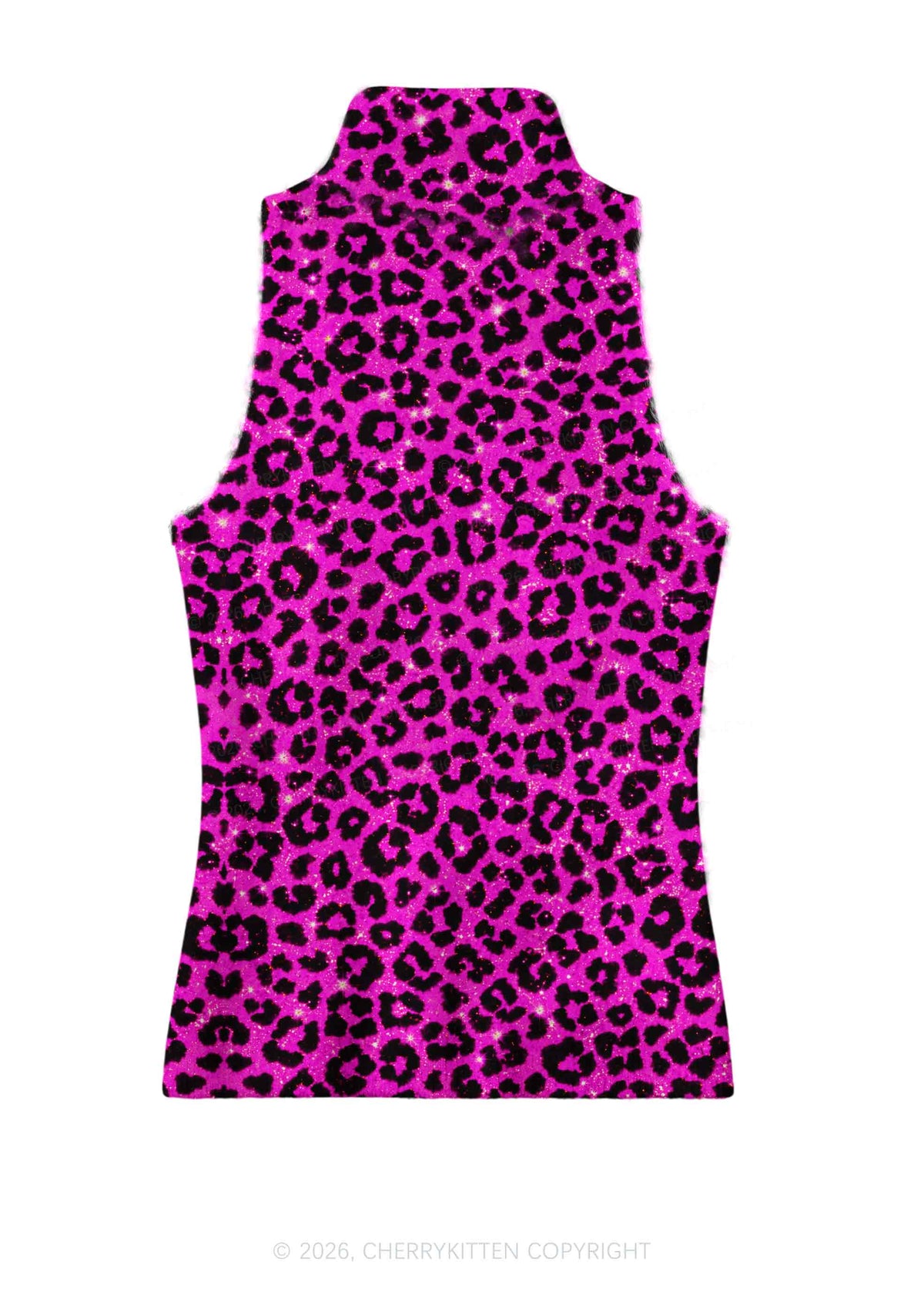 Hot Pink Leopard Y2K Knit Turtleneck Tank Top Cherrykitten