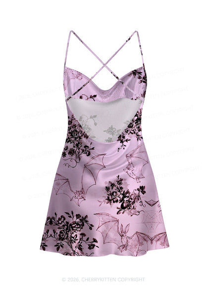 Pink Bat Y2K Print Satin Cowl Neck Slip Dress Cherrykitten