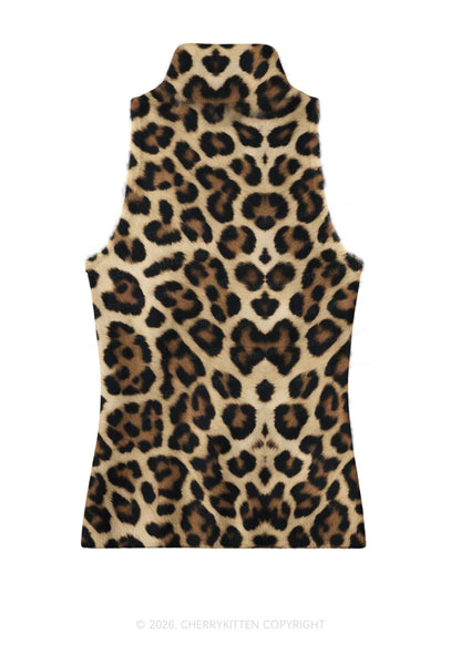 Brown Leopard Y2K Knit Turtleneck Tank Top Cherrykitten