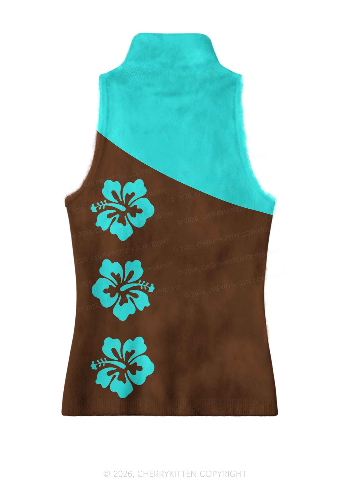 Mint Green Hibiscus On Brown Y2K Knit Turtleneck Tank Top Cherrykitten