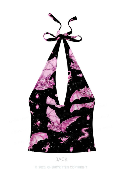 Halloween Pink Bat Y2K Print Halter Deep V Neck Cami Cherrykitten