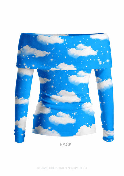 Blue Sky Alpha Male Unicorn Y2K Off Shoulder Fold Over Knit Top Cherrykitten