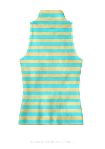 Mint Green Yellow Stripes Y2K Knit Turtleneck Tank Top Cherrykitten
