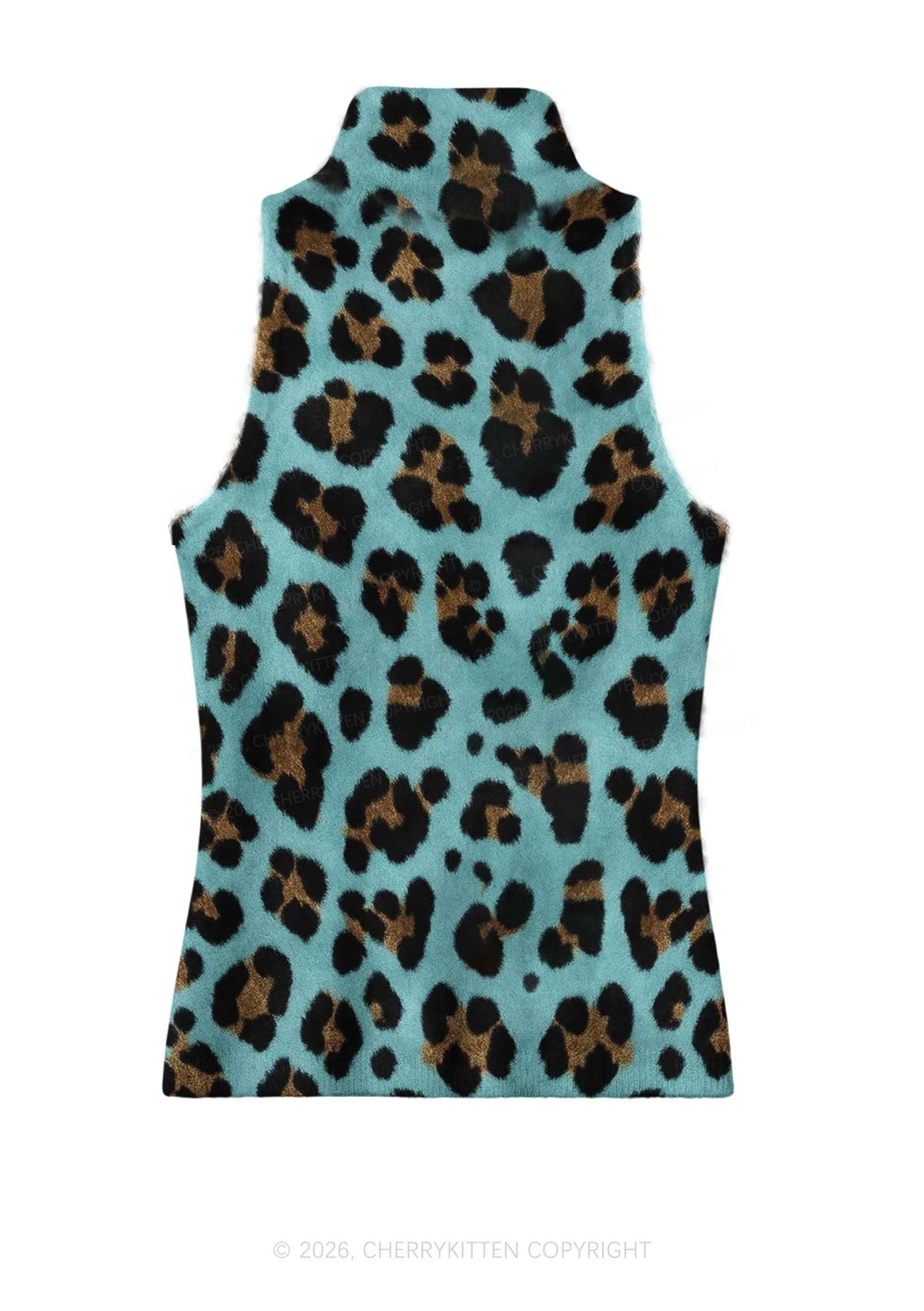 Mint Green Leopard Y2K Knit Turtleneck Tank Top Cherrykitten