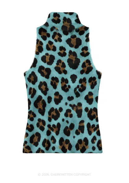 Mint Green Leopard Y2K Knit Turtleneck Tank Top Cherrykitten