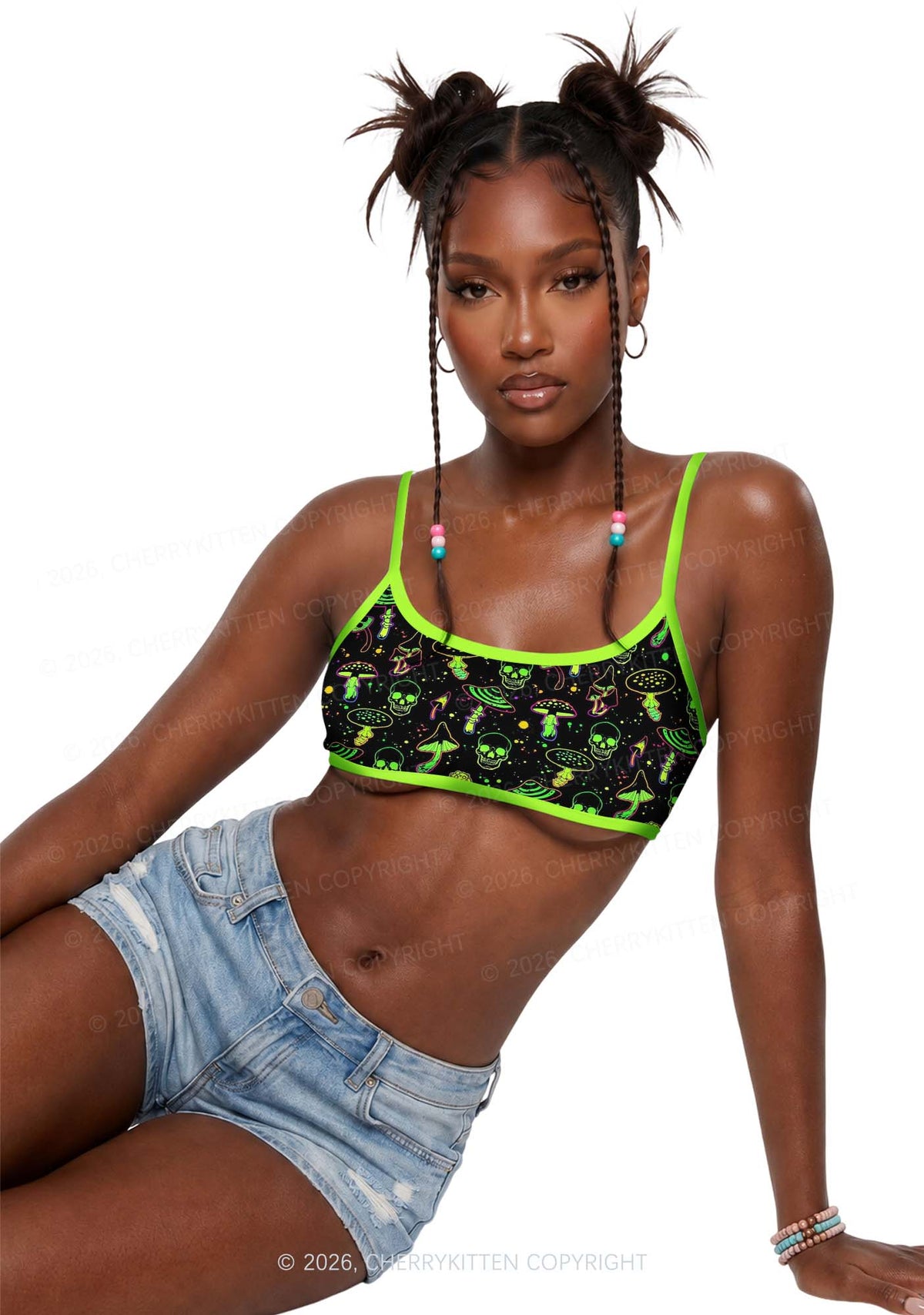 Neon Skull Mushroom Y2K Print Super Crop Cami Cherrykitten