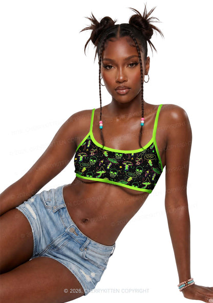 Neon Skull Mushroom Y2K Print Super Crop Cami Cherrykitten