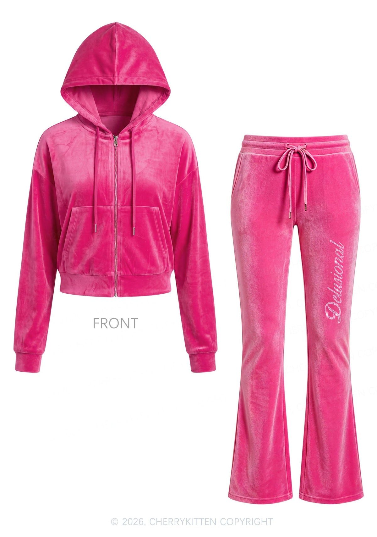 Rhinestone Delusional Y2K Velvet Tracksuit Set Cherrykitten