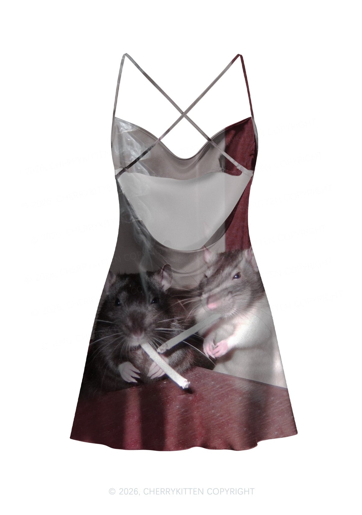 Smoking Rats Y2K Print Satin Cowl Neck Slip Dress Cherrykitten