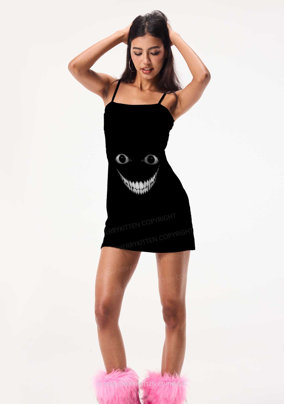 Halloween Black Creepy Grin Y2K Print Slip Dress Cherrykitten