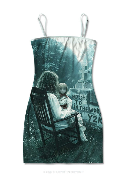 Halloween Graveyard Doll Y2K Print Slip Dress Cherrykitten