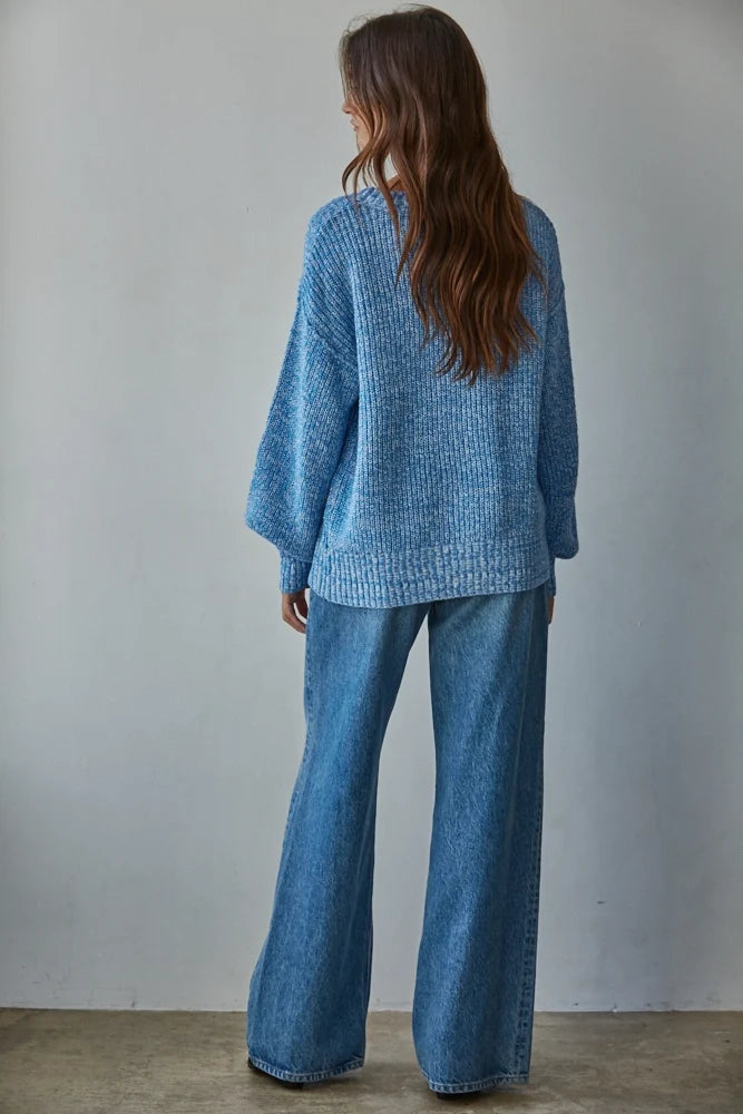 Knit Sweater Cotton Ribbed High Mock Neck Top - Blue
