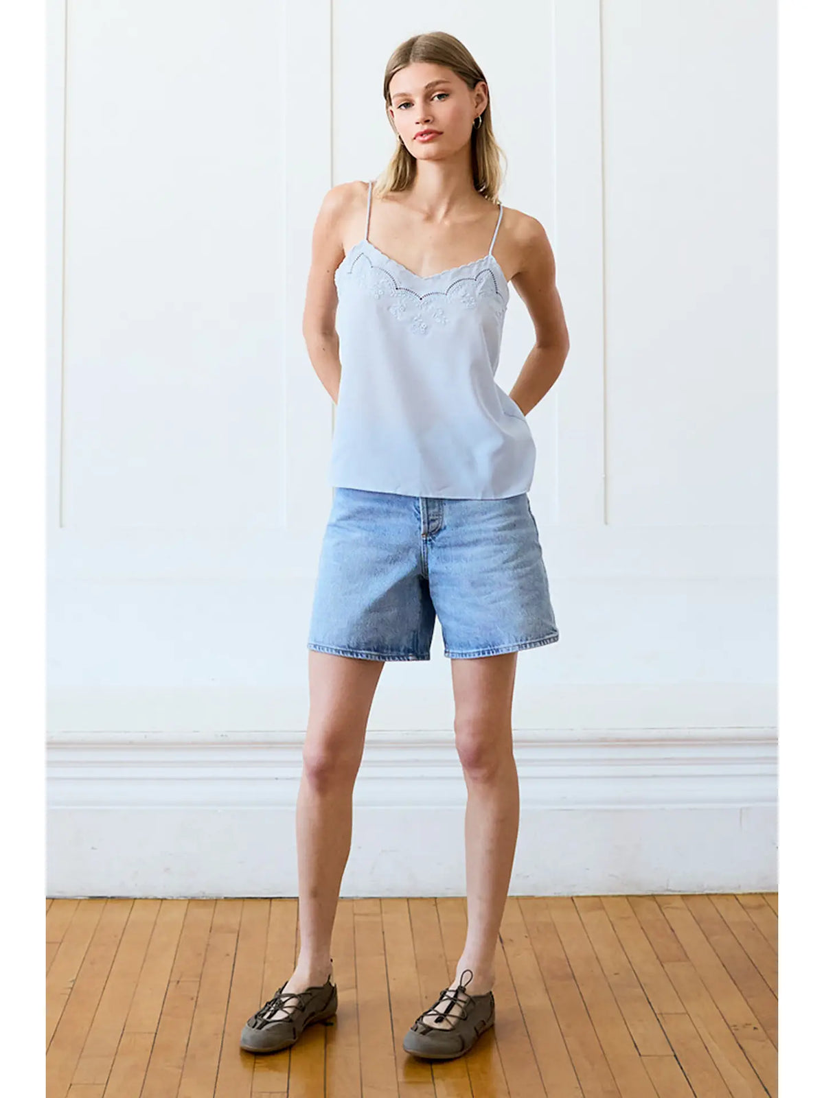 Powder Blue Lace Trim Embroidered Cami Top