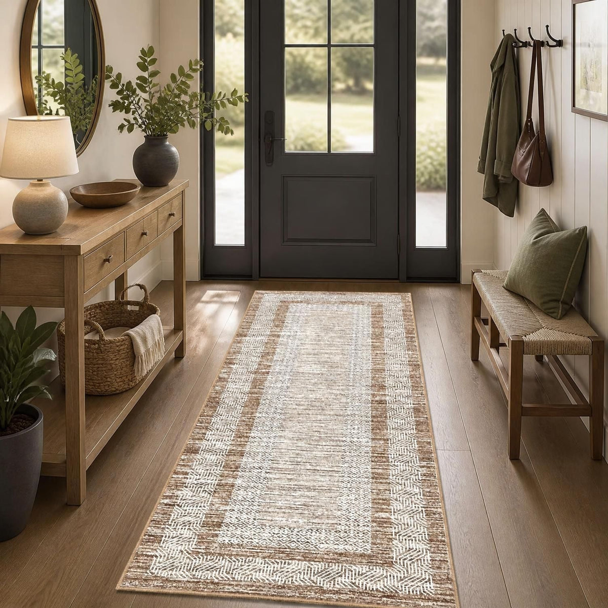 2x6 Runner Rug, Brown Geometric Washable Non-Slip Low-Pile Indoor Hallway Carpet