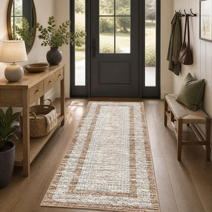 2x6 Runner Rug, Brown Geometric Washable Non-Slip Low-Pile Indoor Hallway Carpet