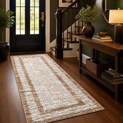 2x6 Runner Rug, Brown Geometric Washable Non-Slip Low-Pile Indoor Hallway Carpet