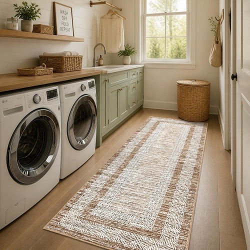2x6 Runner Rug, Brown Geometric Washable Non-Slip Low-Pile Indoor Hallway Carpet