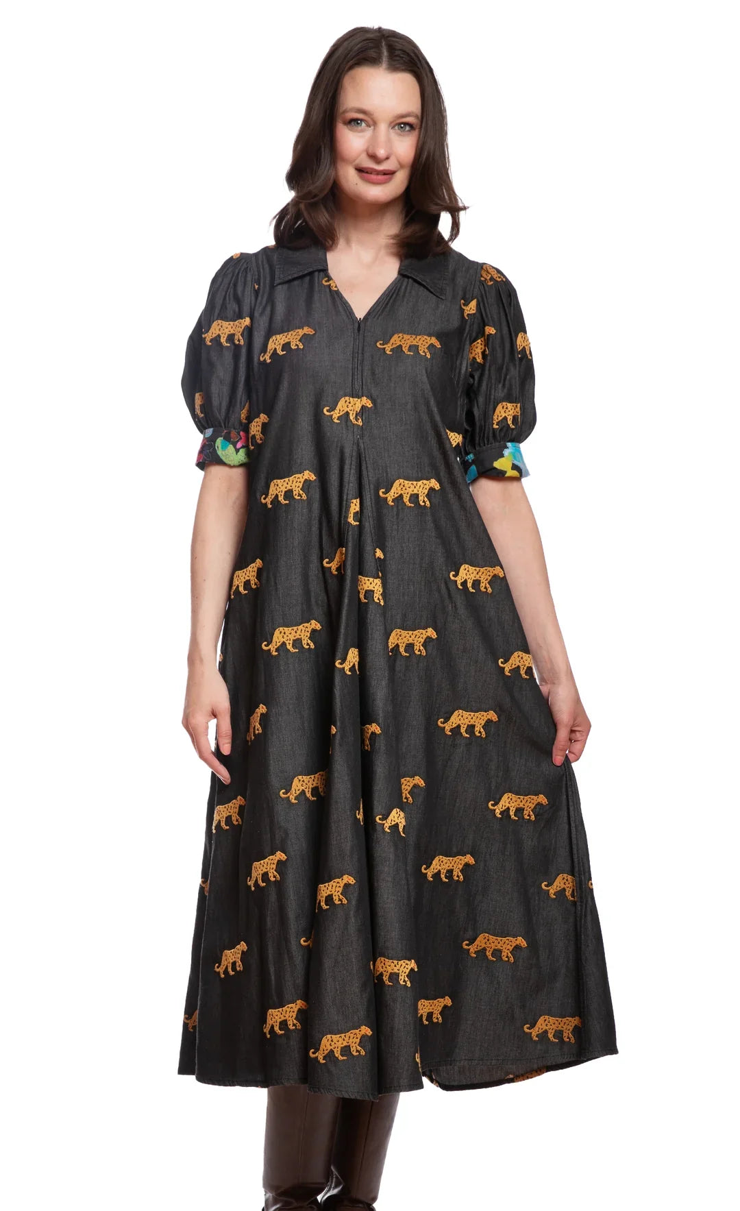 Montauk Dress - Black with embroidered Cheetahs