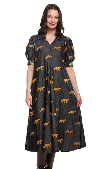 Montauk Dress - Black with embroidered Cheetahs