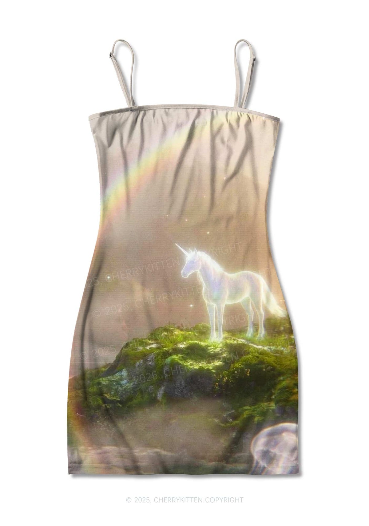 Rainbow Glowing Unicorn Y2K Print Slip Dress Cherrykitten