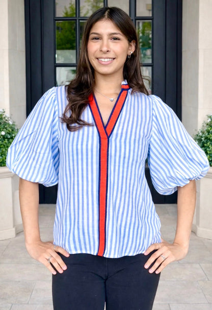 Blue Striped Puff Sleeve Top
