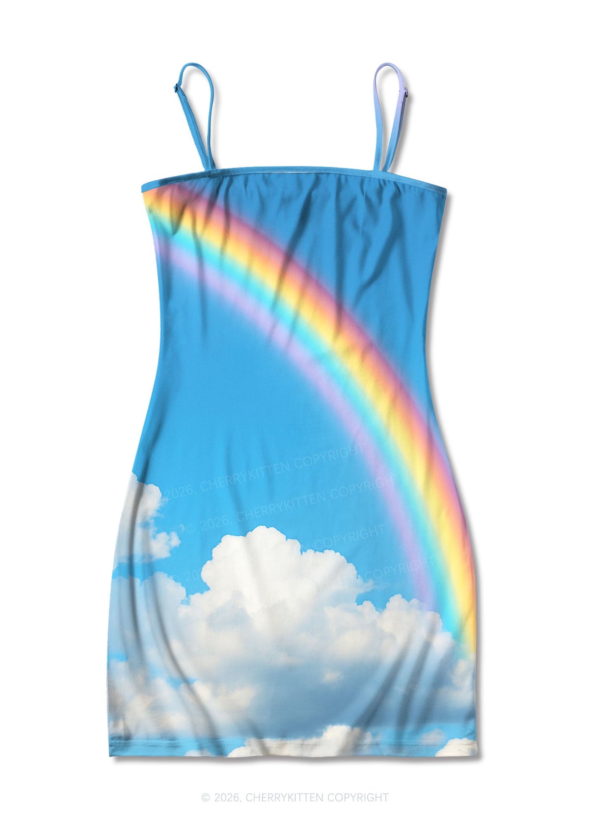 Blue Sky Rainbow Y2K Print Slip Dress Cherrykitten