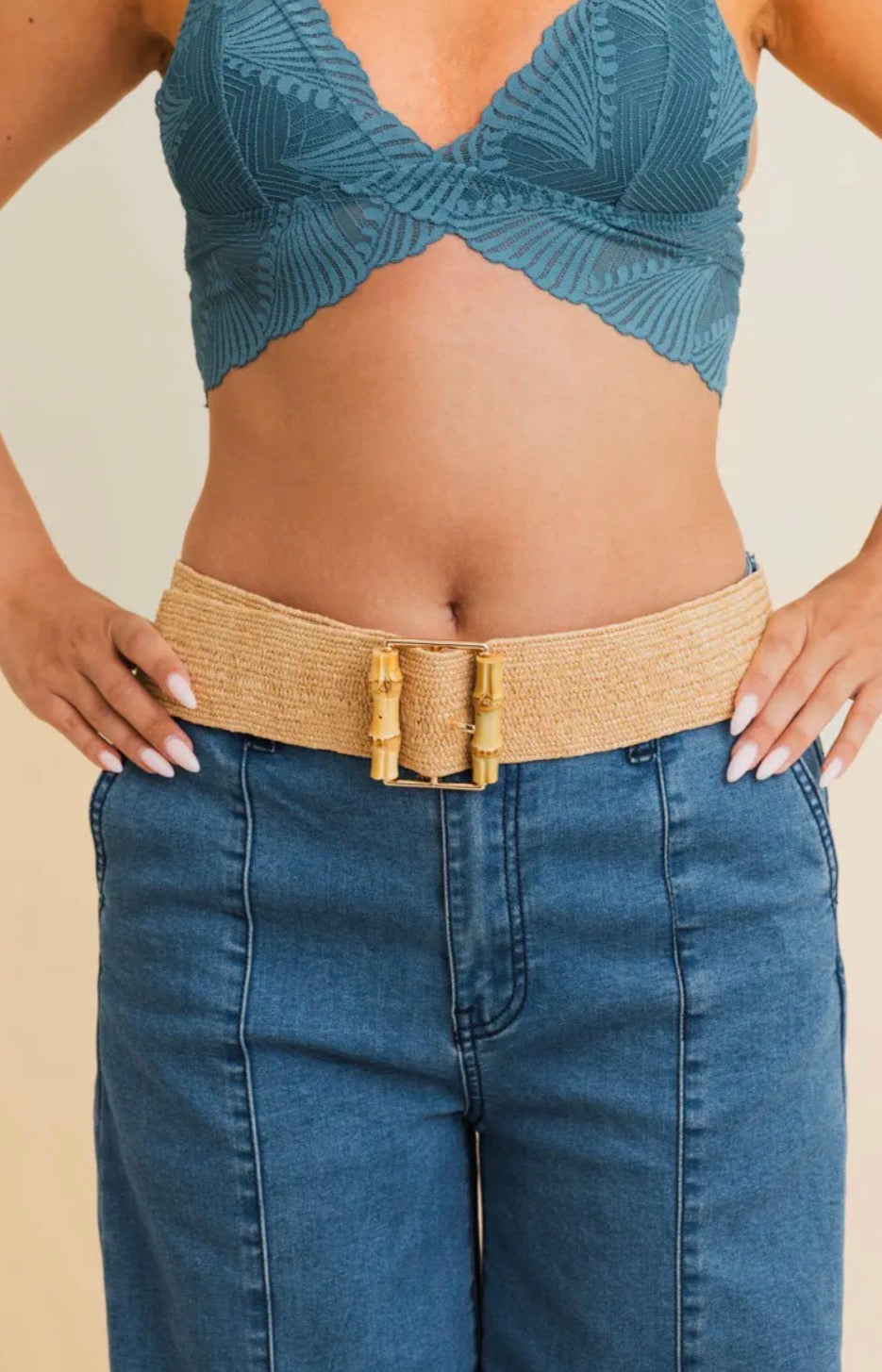 Eco Friendly Raffia Elastic Bamboo Style Buckle Waist Belt