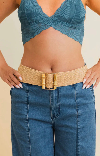 Eco Friendly Raffia Elastic Bamboo Style Buckle Waist Belt