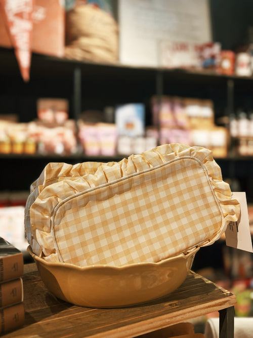 Gingham Ruffle Zipper Pouch Tan