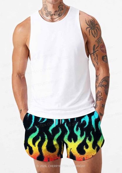 Rainbow Flame Pride Y2K Print Men Beach Shorts Cherrykitten
