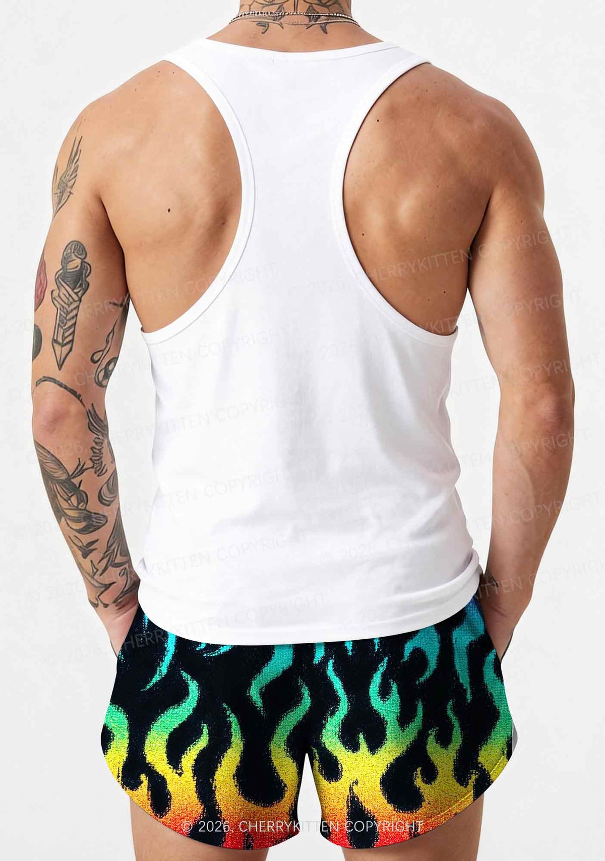 Rainbow Flame Pride Y2K Print Men Beach Shorts Cherrykitten