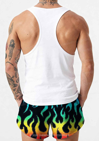 Rainbow Flame Pride Y2K Print Men Beach Shorts Cherrykitten