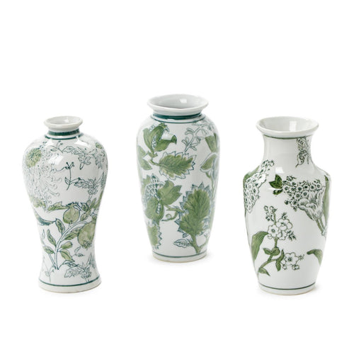 PRIMROSE AND LOTUS HAND-PAINTED GREEN AND WHITE CHINOISERIE VASES-Set of three