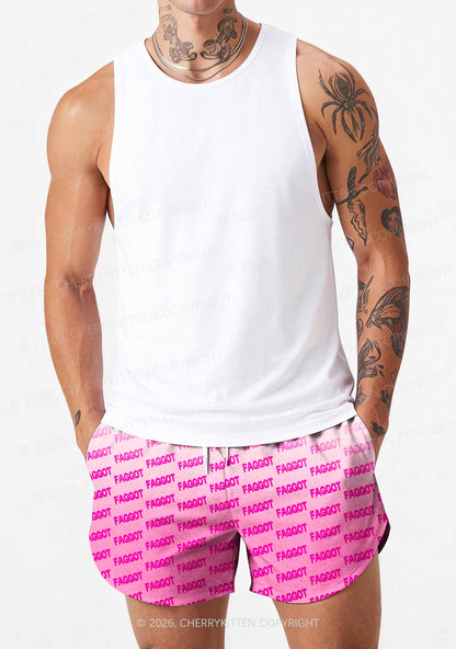 Faded Pink Faggot Pride Y2K Print Men Beach Shorts Cherrykitten