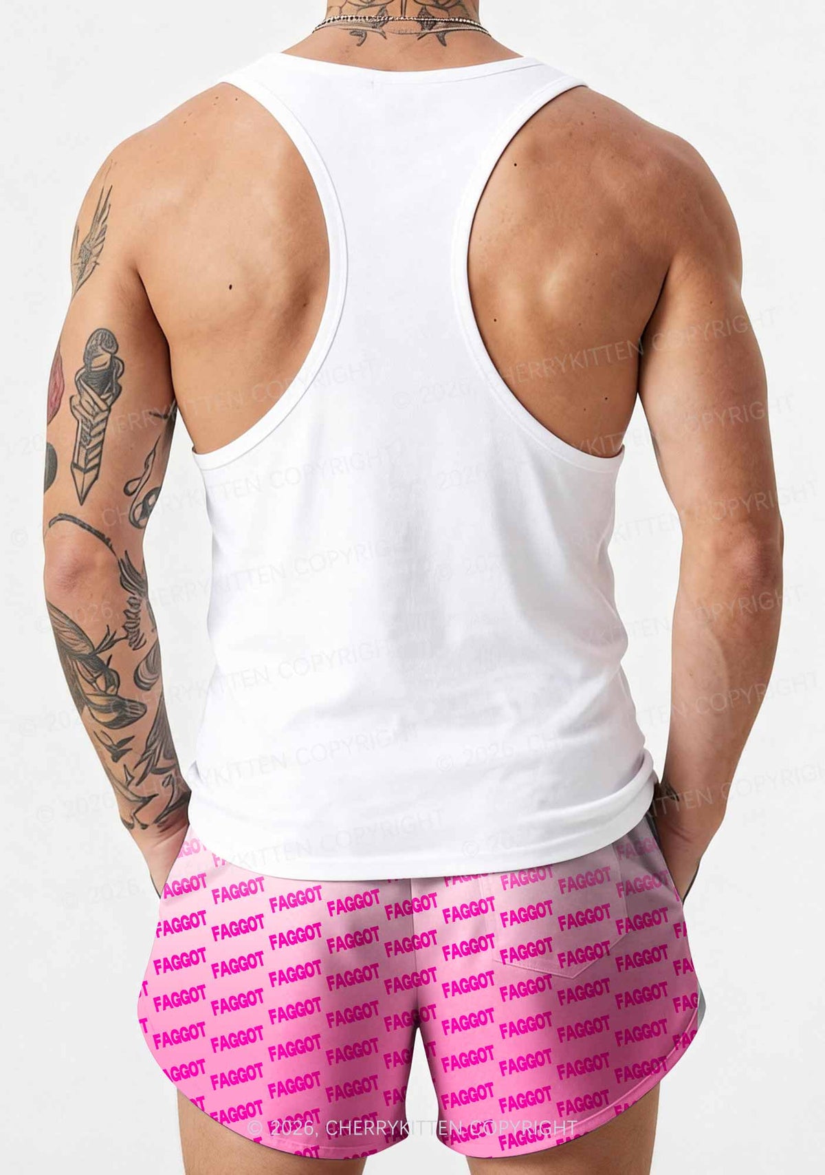 Faded Pink Faggot Pride Y2K Print Men Beach Shorts Cherrykitten