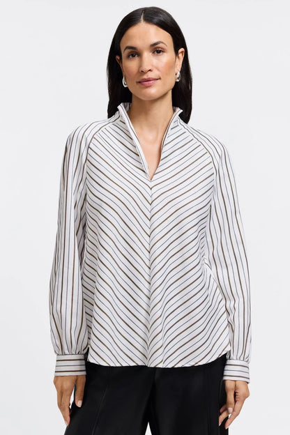 Daphne Long Sleeve Popover Shirt-White Metallic Stripe