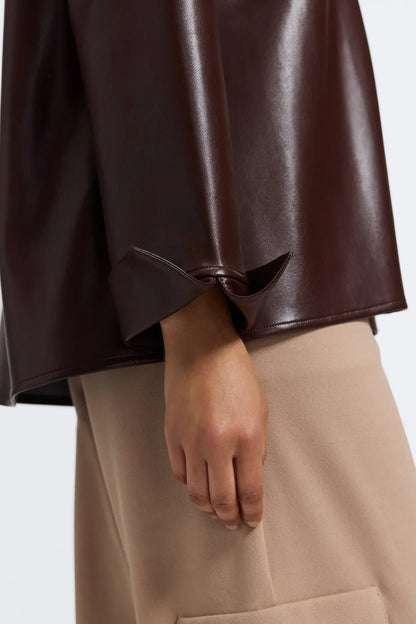 Faux Leather V Neck Top-Brown