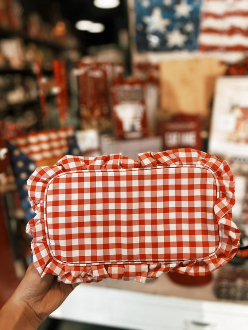 Gingham Ruffle Zipper Pouch - Red