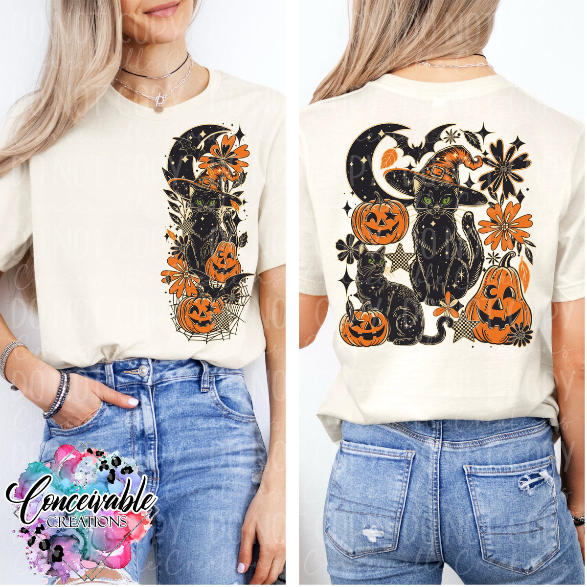 Spooky Black Cat Pocket and Back Print Tee | Halloween Cat Shirt