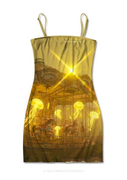 Golden Carousel Jellyfish Y2K Print Slip Dress Cherrykitten