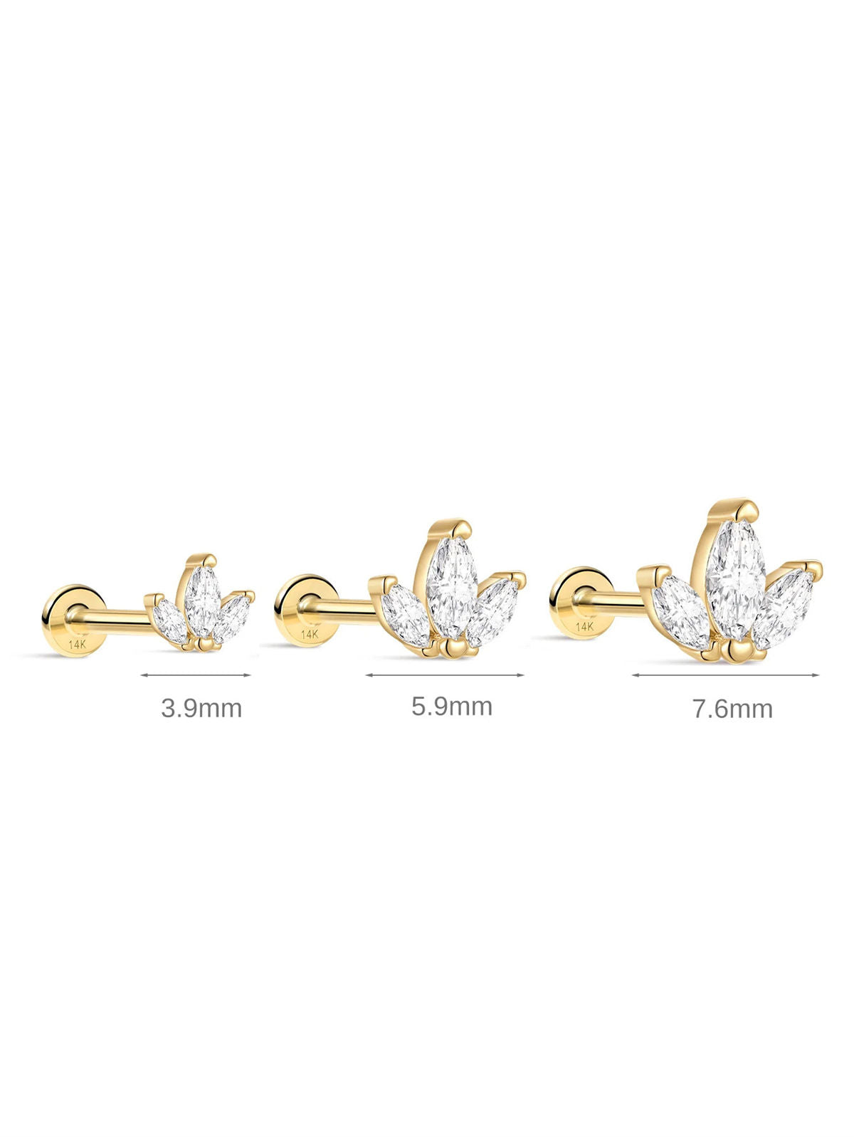 KOSINER 14K Solid Gold Delicate Marquise Trio Flat Back Stud