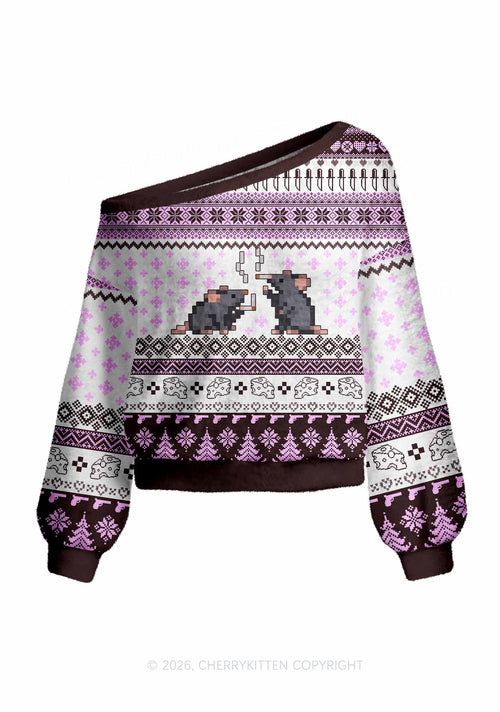 Pixel Smoking Rats Y2K Off Shoulder Knit Sweatshirt Cherrykitten