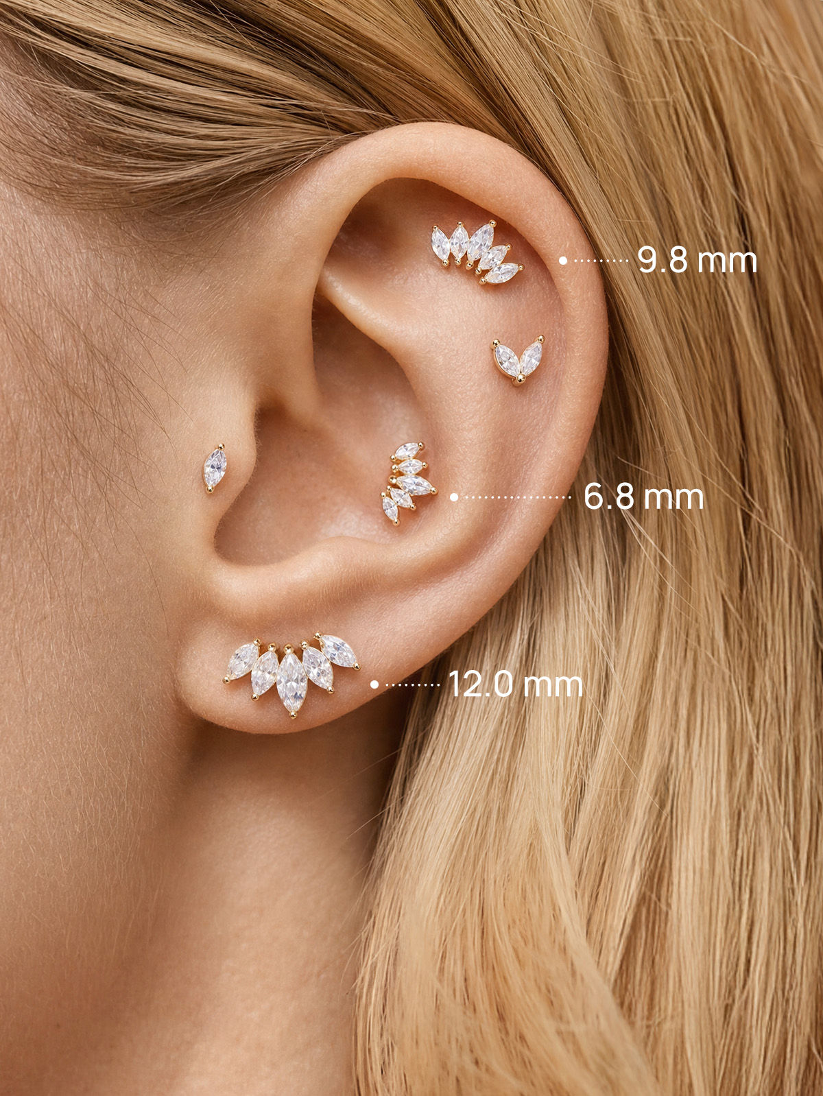 KOSINER 14K Solid Gold Delicate Marquise Crown Flat Back Stud
