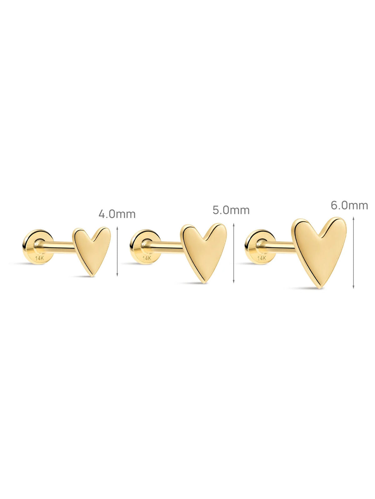 KOSINER 14K Solid Gold Minimalist Glossy Heart Flat Back Stud